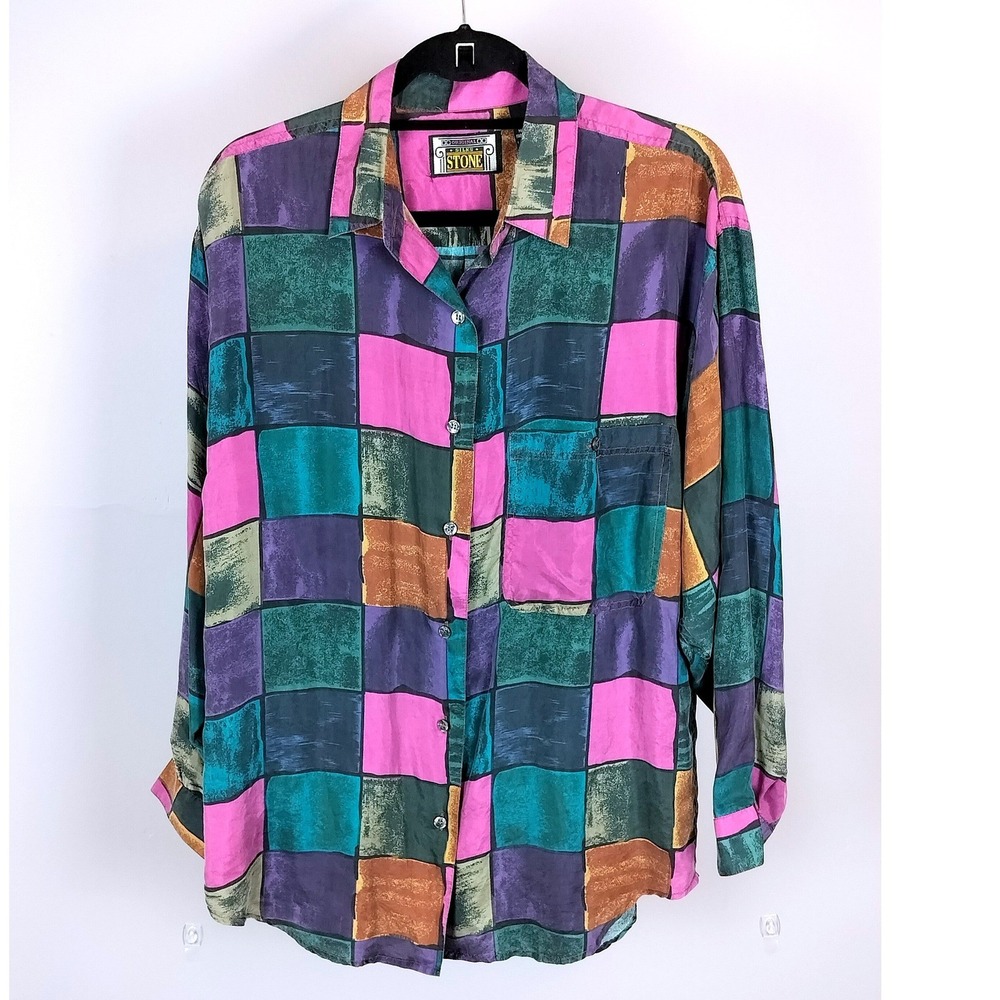 90s Stone Silk Geometric Block Print Button Down Shirt Mens Multicolor M